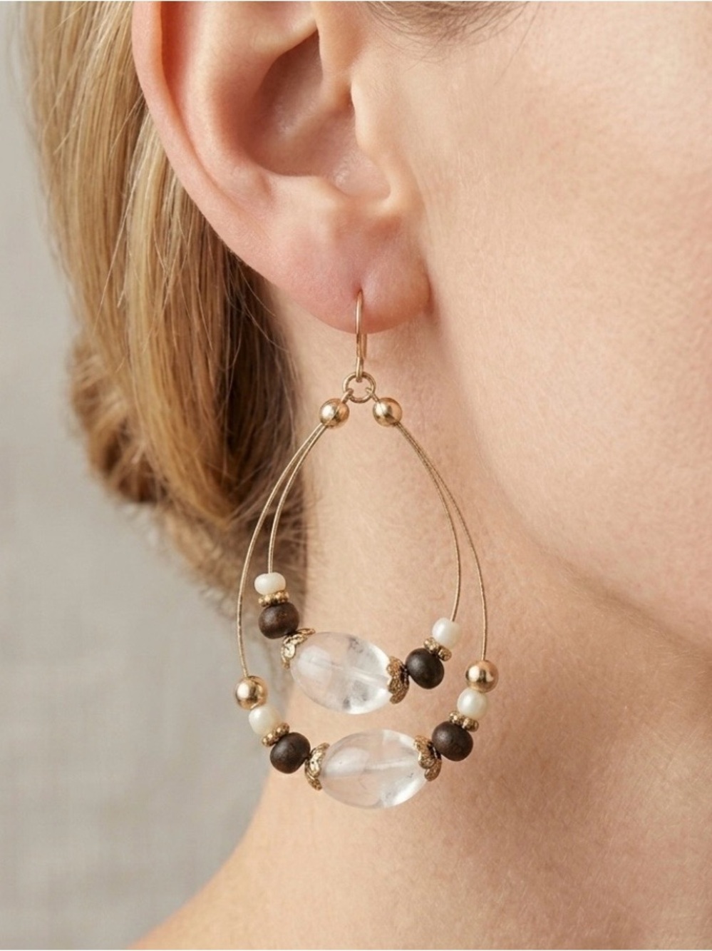 Gold Tone Double Hoop Beaded Dangle Earrings Teardrop Statement Boho